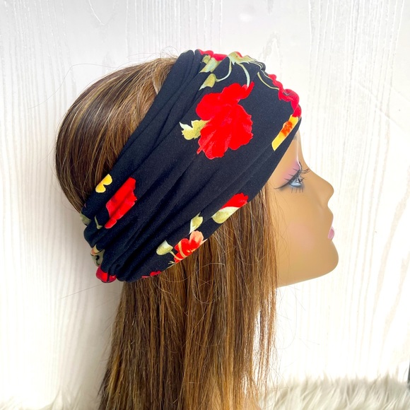 Black & Red Floral Print Jersey Knit Wide Twisted Headband, Spring Headwraps - Picture 2 of 6